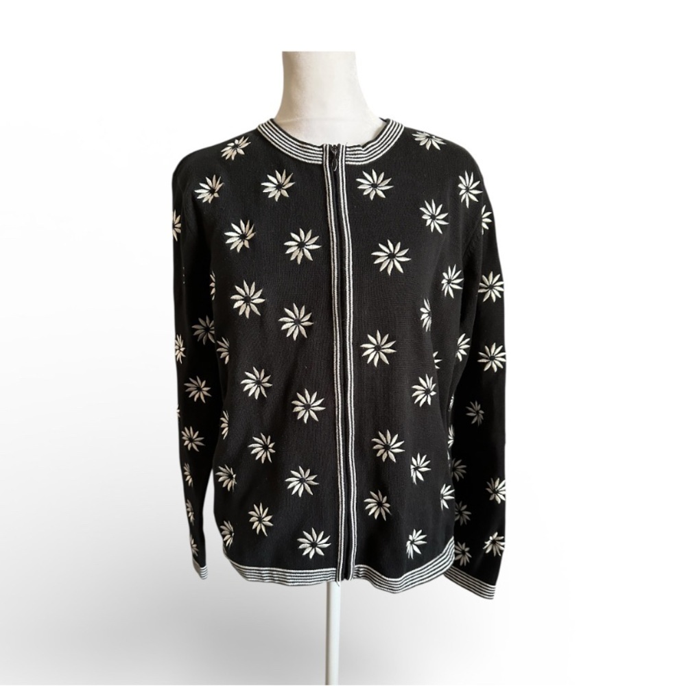 Talbots Black and White embroidered Floral Cardigan size M